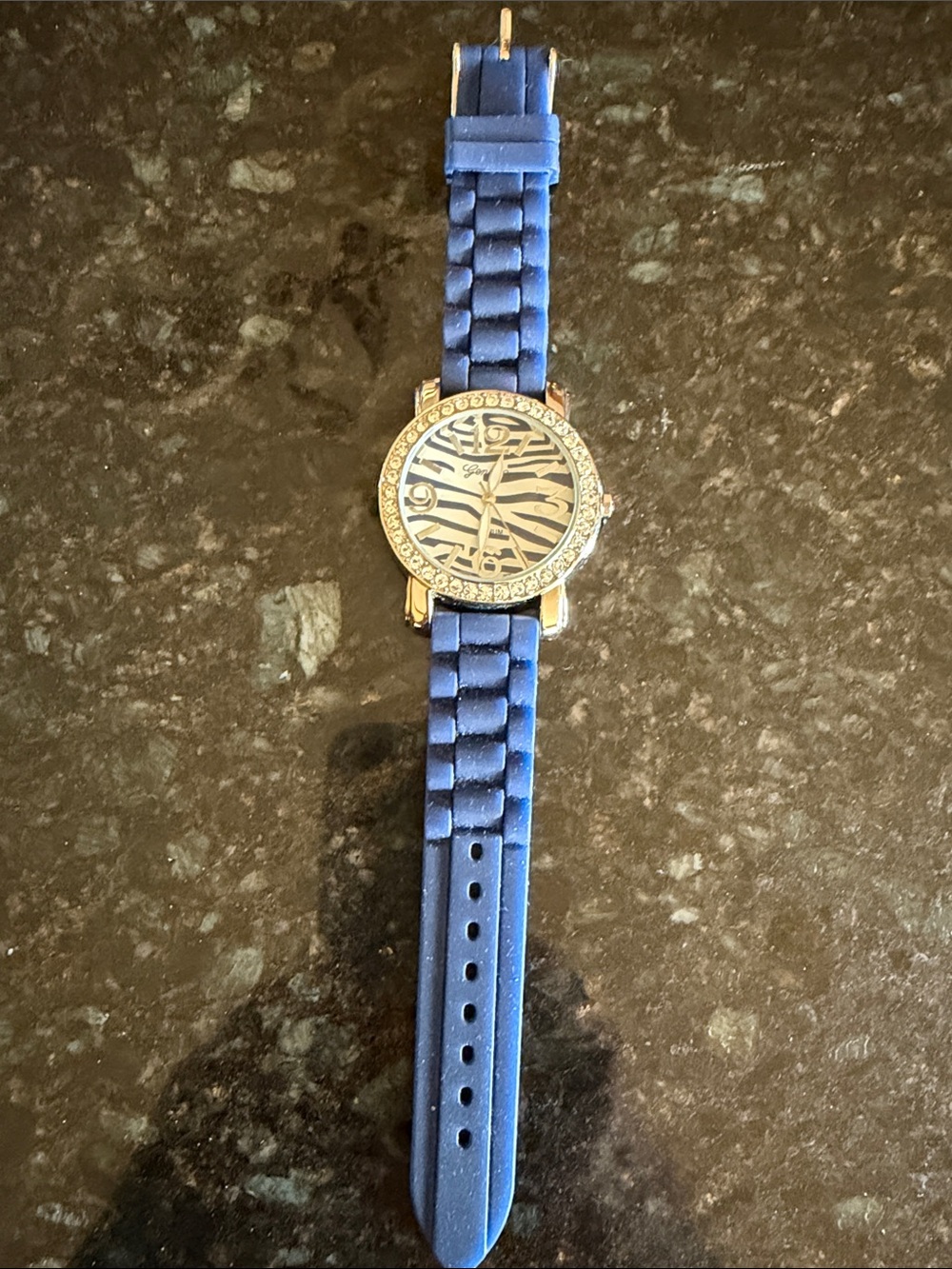 Geneva Blue Zebra Print Silicone Strap Watch with Rhinestone Bezel JS-146